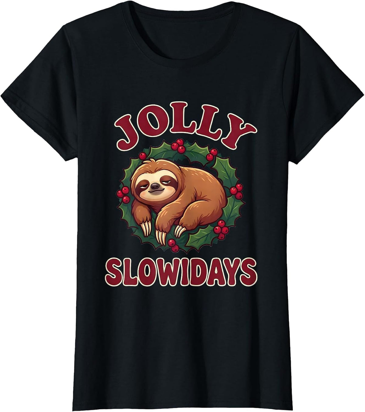 Jolly Slowidays Cute Kawaii Sloth Lover Funny Christmas T-Shirt - Black