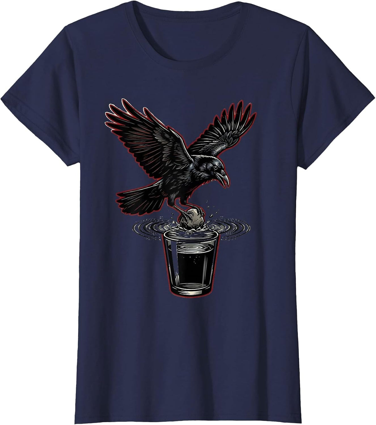 Women's Clever Crow Dropping Stone Into Water Glass T-Shirt - Navy Blue