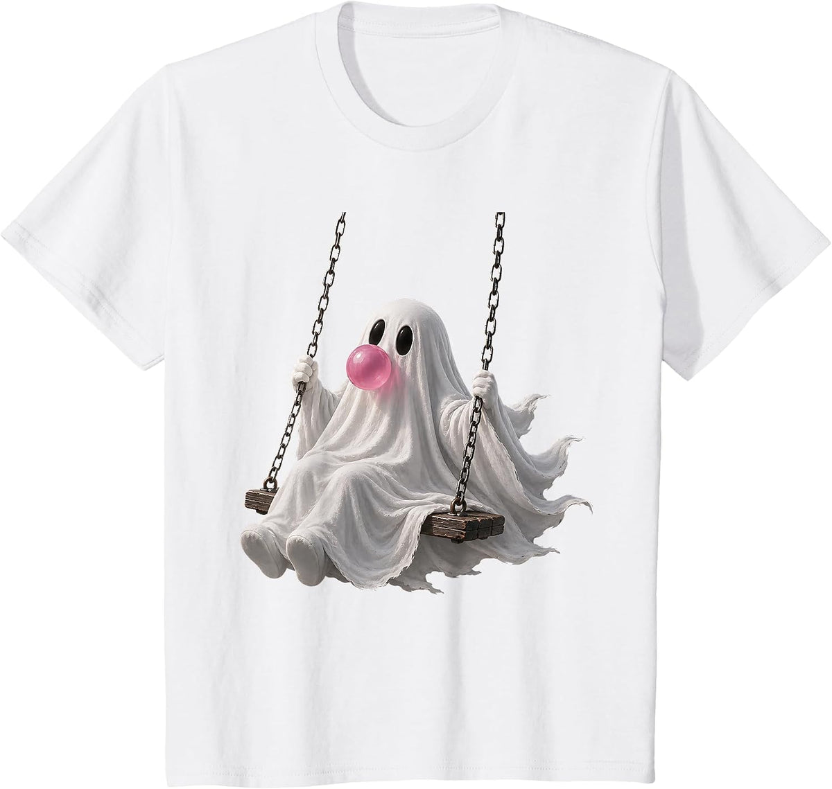 Ghost on Swing Blowing Bubble Gum Spooky Halloween Girly T-Shirt - White
