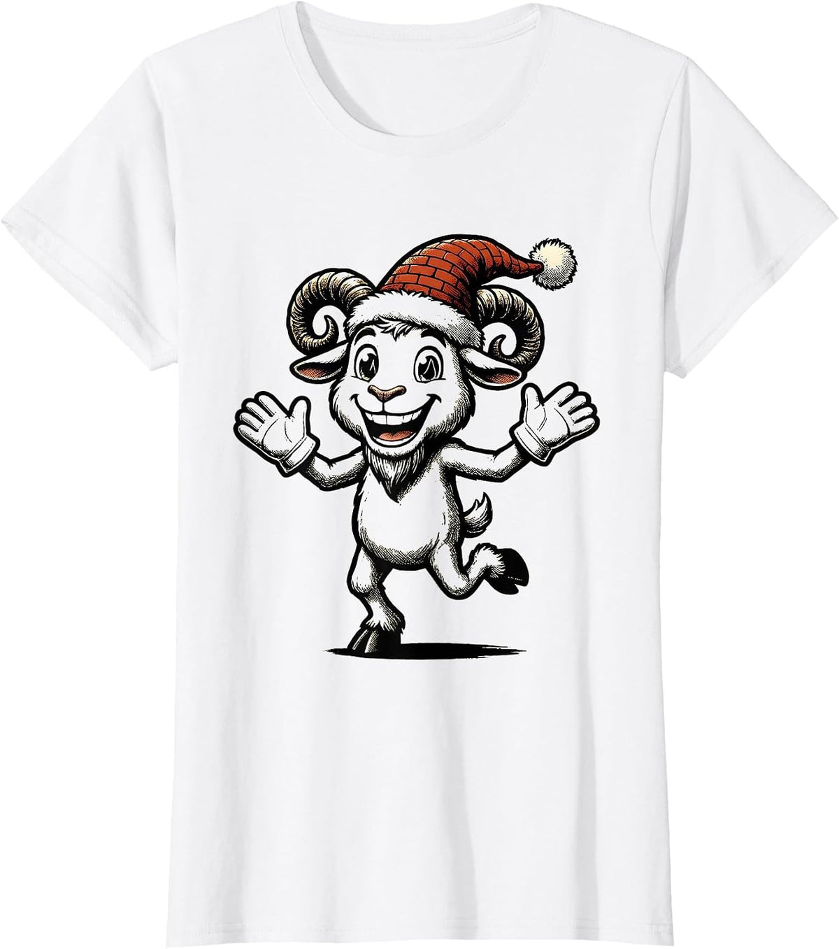Goat Character Retro Cartoon Christmas Novelty T-Shirt - White