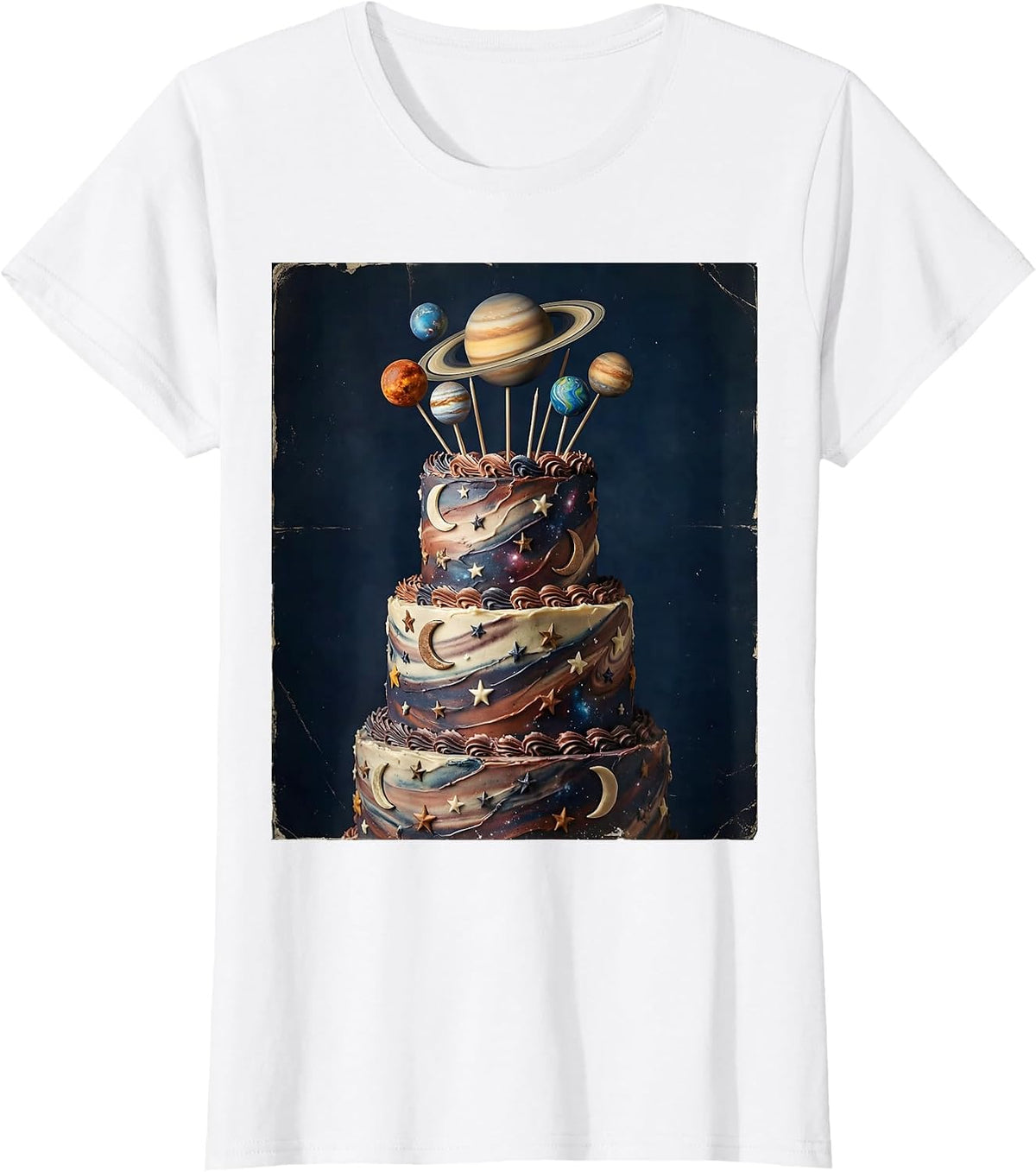 Galaxy Birthday Cake with Planet Toppers Illustration T-Shirt - White