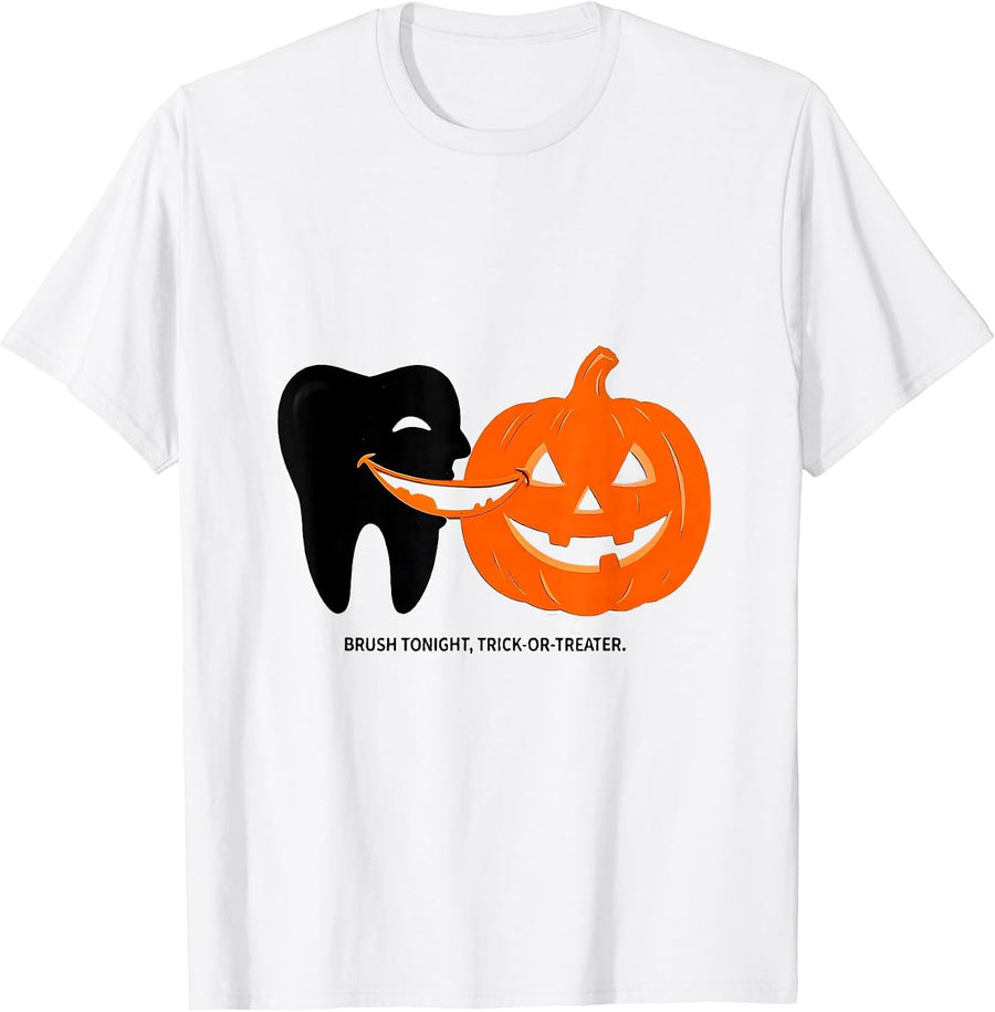 Men's Brush Tonight, Trick-or-Treater Funny Dentist Halloween T-Shirt - White