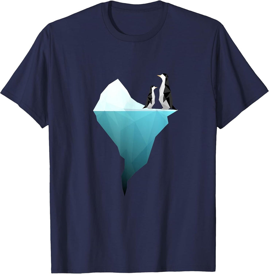 Cute Penguins on an Iceberg - Unique Geometric Design T-Shirt - Navy Blue