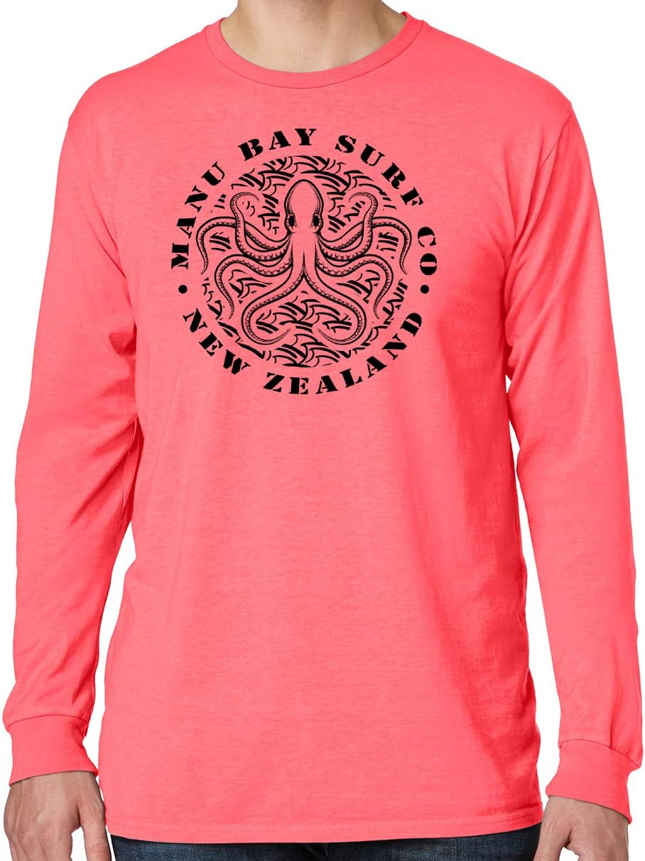 Mens Manu Bay Surf Company OCTOPUS Cotton Long Sleeve Pastel Tee Shirt - Neon Coral