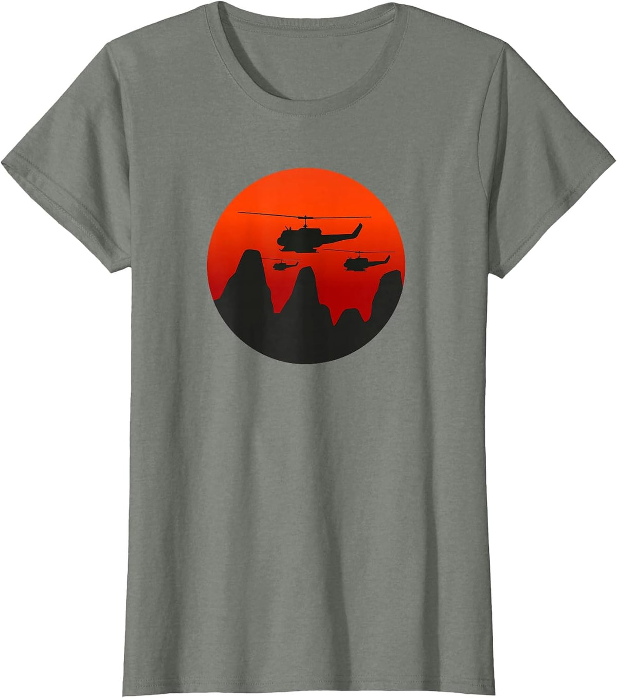 UH-1 Huey Retro Helicopter Vintage Sunset Vietnam Chopper T-Shirt - Olive Heather