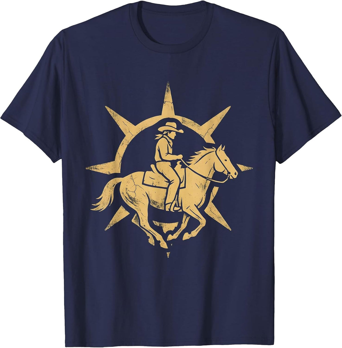 Cowgirl Riding Horse at Sunset Western Design T-Shirt - Navy Blue