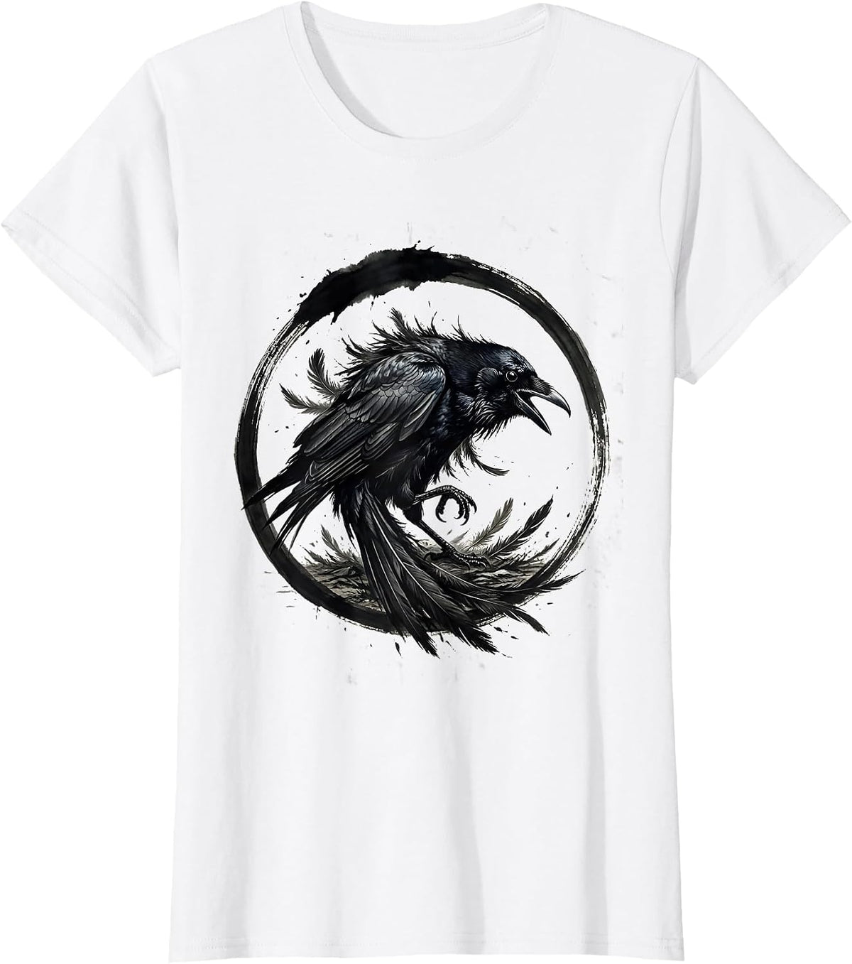 Wild Crow Ruffled Feathers Storm Wind Illustration T-Shirt - White