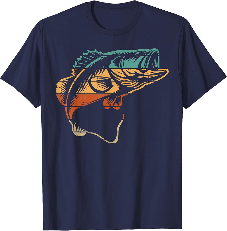 Fishing Bass Fish Retro Colors Fisherman Art Men Women Kids T-Shirt - Navy Blue