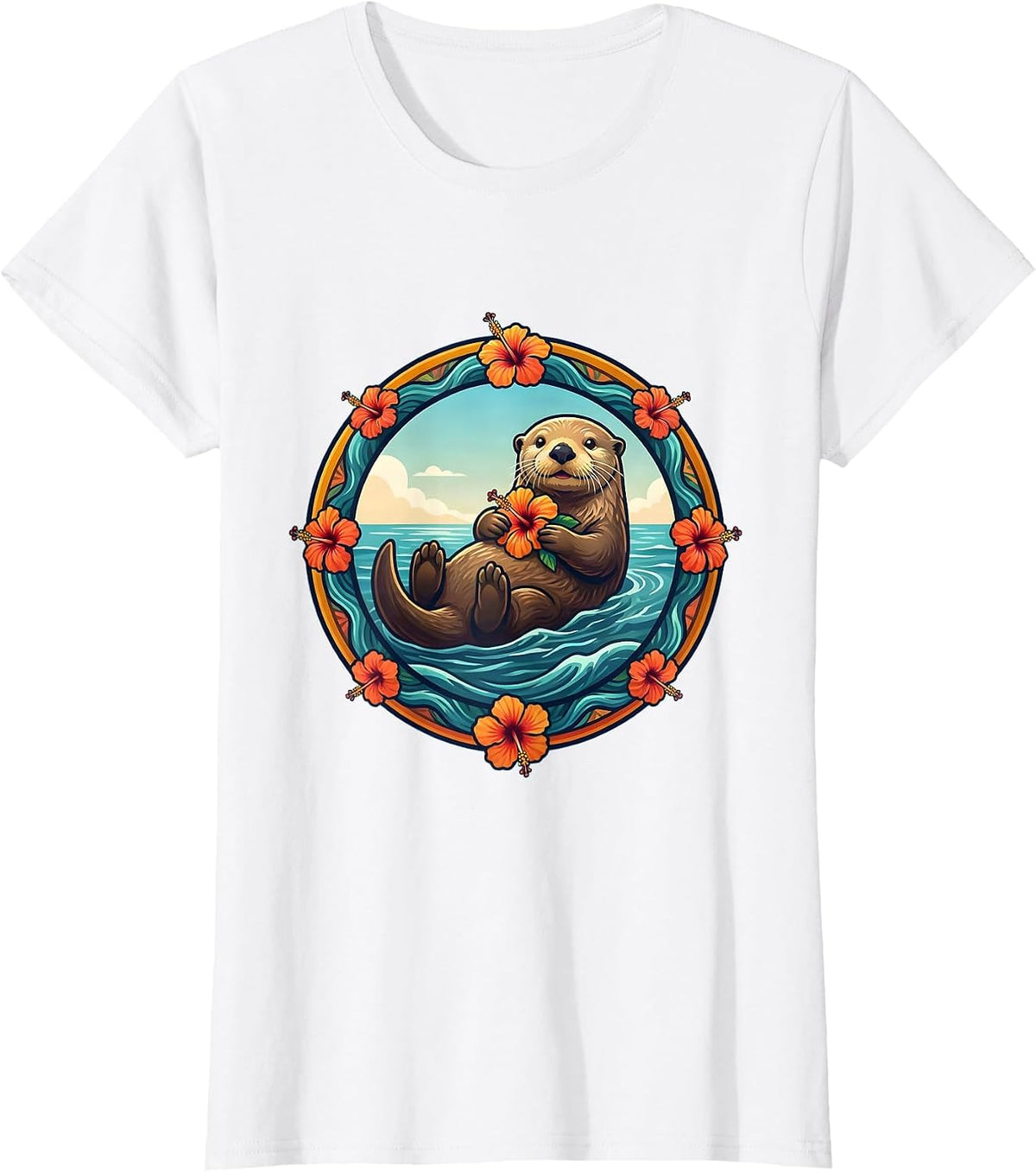 Women's Kids Hawaiian Sea Otter Hibiscus Flower Design T-Shirt - White