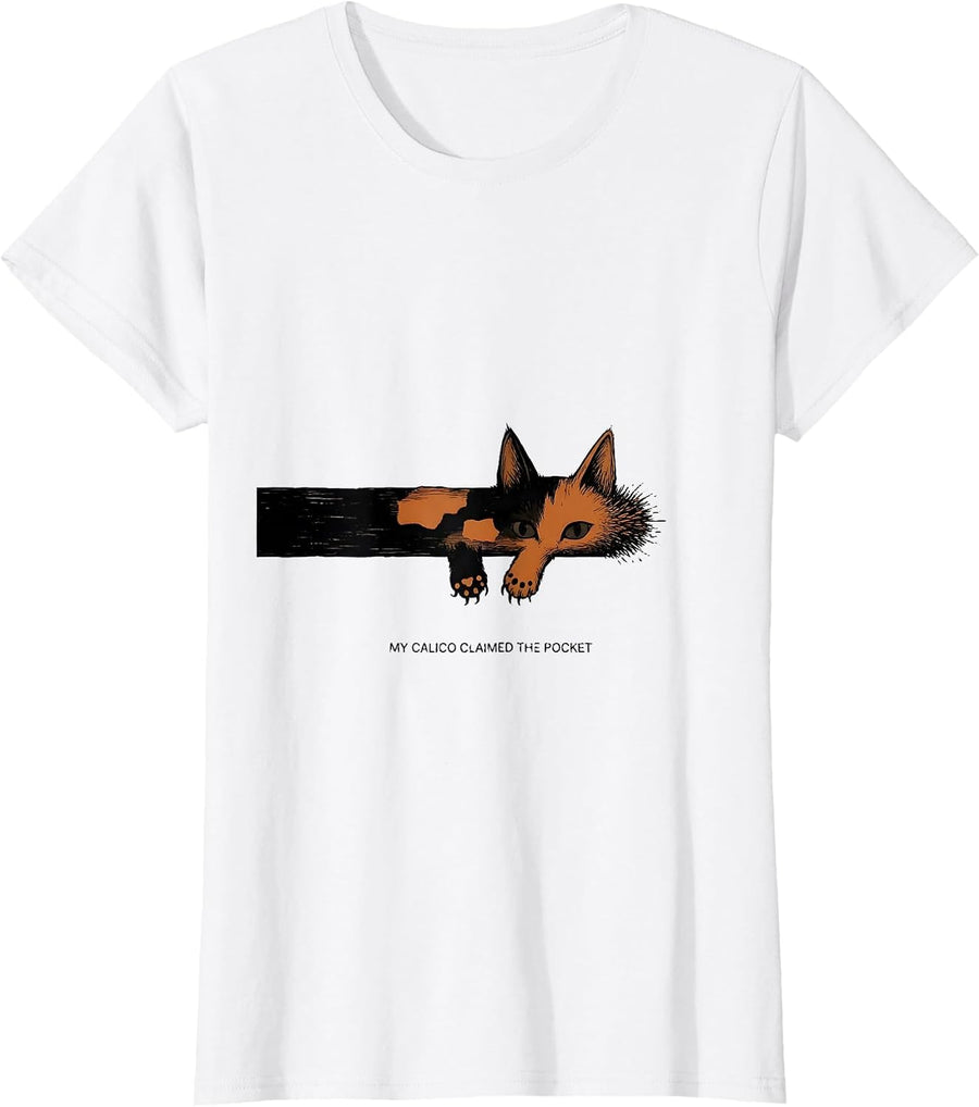 Women's My Calico Claimed The Pocket Cute Cat Lover Gift T-Shirt - White