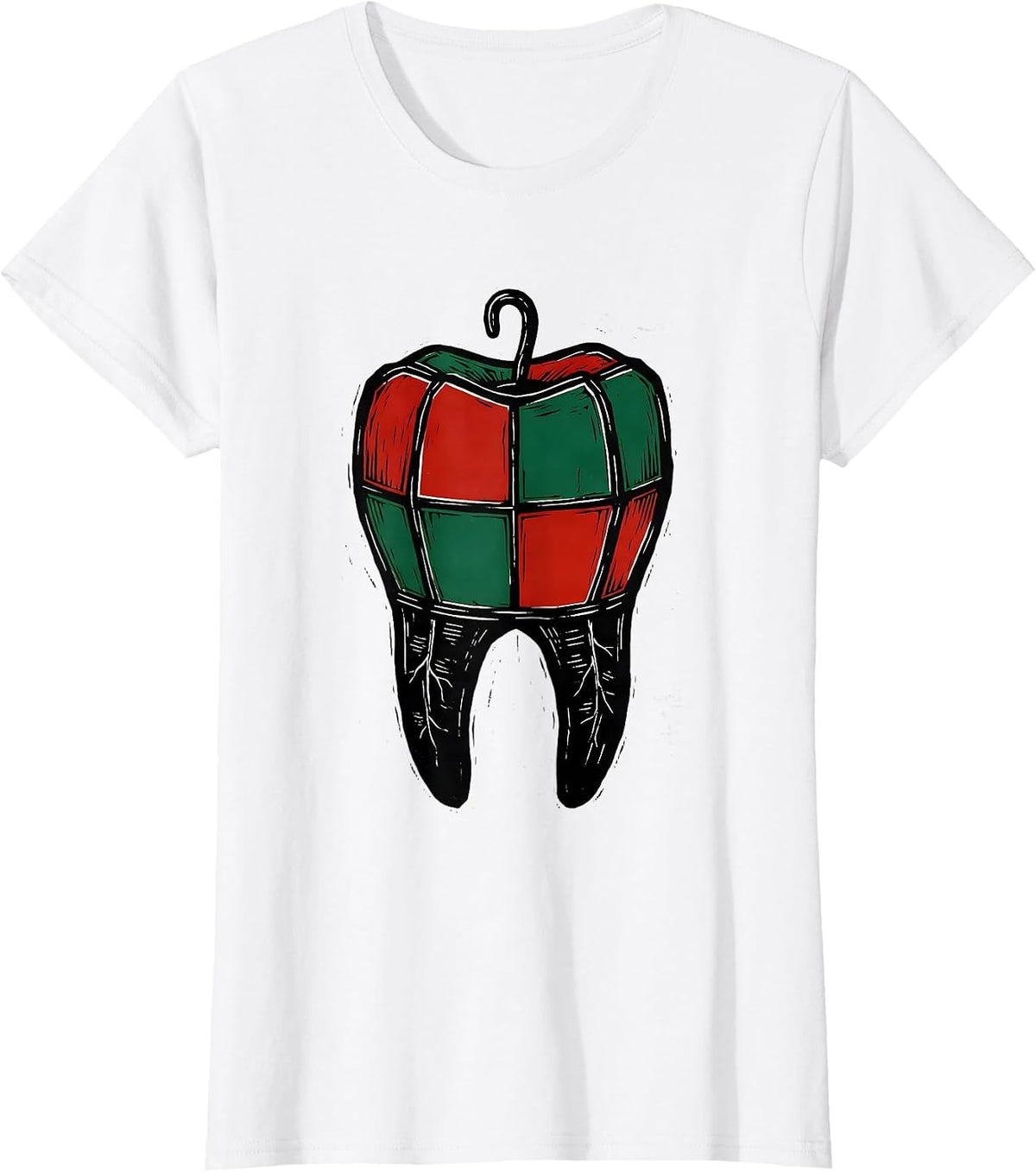 Twin Root Molar Christmas Lantern Linocut Dentist Humor T-Shirt - White