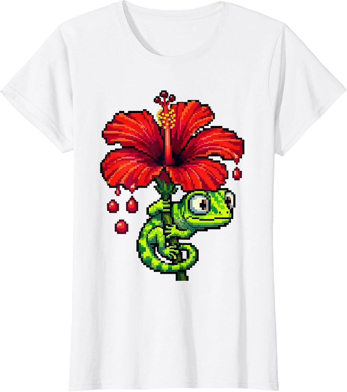 Gecko Climbing Dripping Hibiscus Hawaiian Design T-Shirt - White