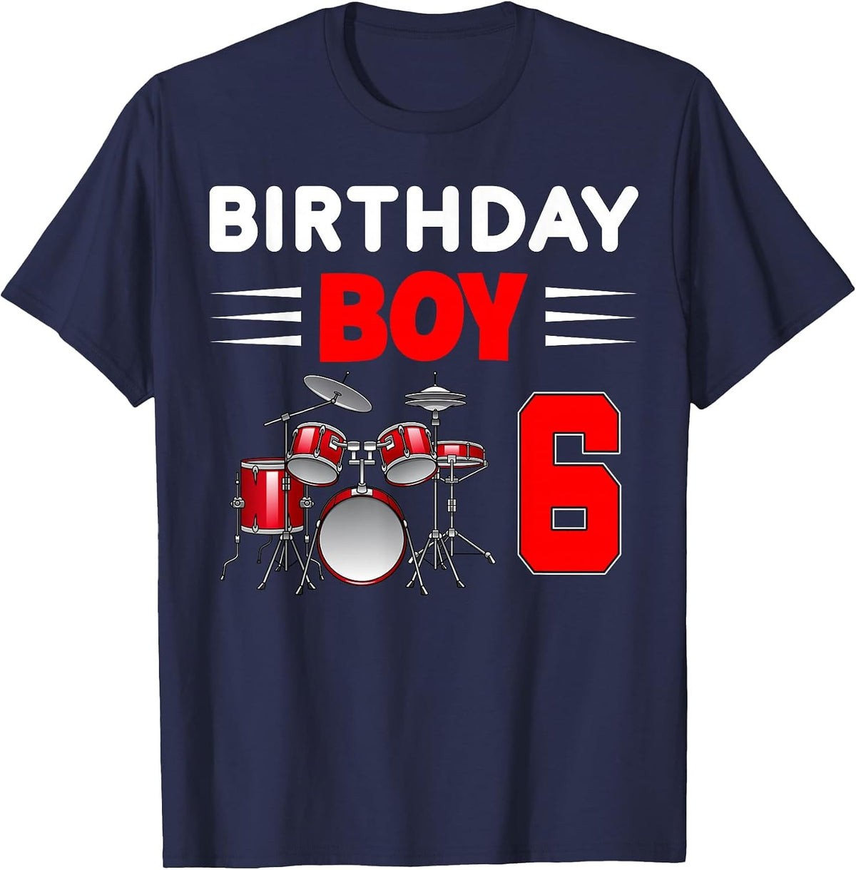 Cool Birthday Boy 6 Drums 6th Bday 6 Years Old T-Shirt - Navy Blue