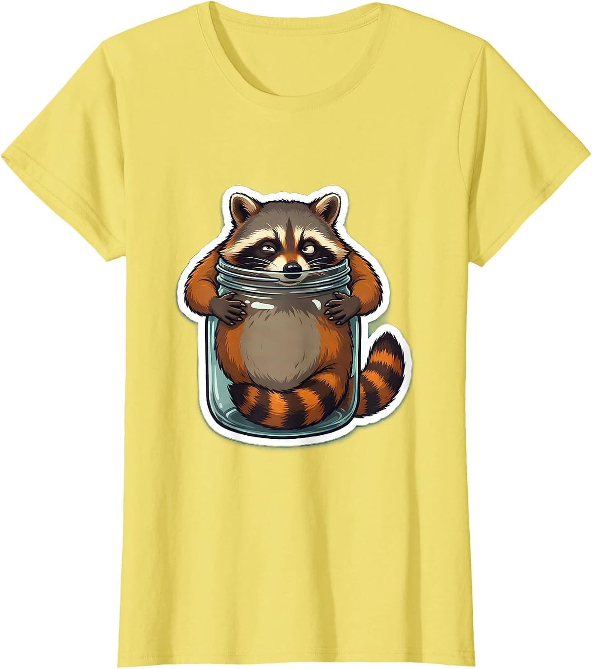 Women's Funny Raccoon Stuck in a Jar Illustration T-Shirt - Lemon Yellow