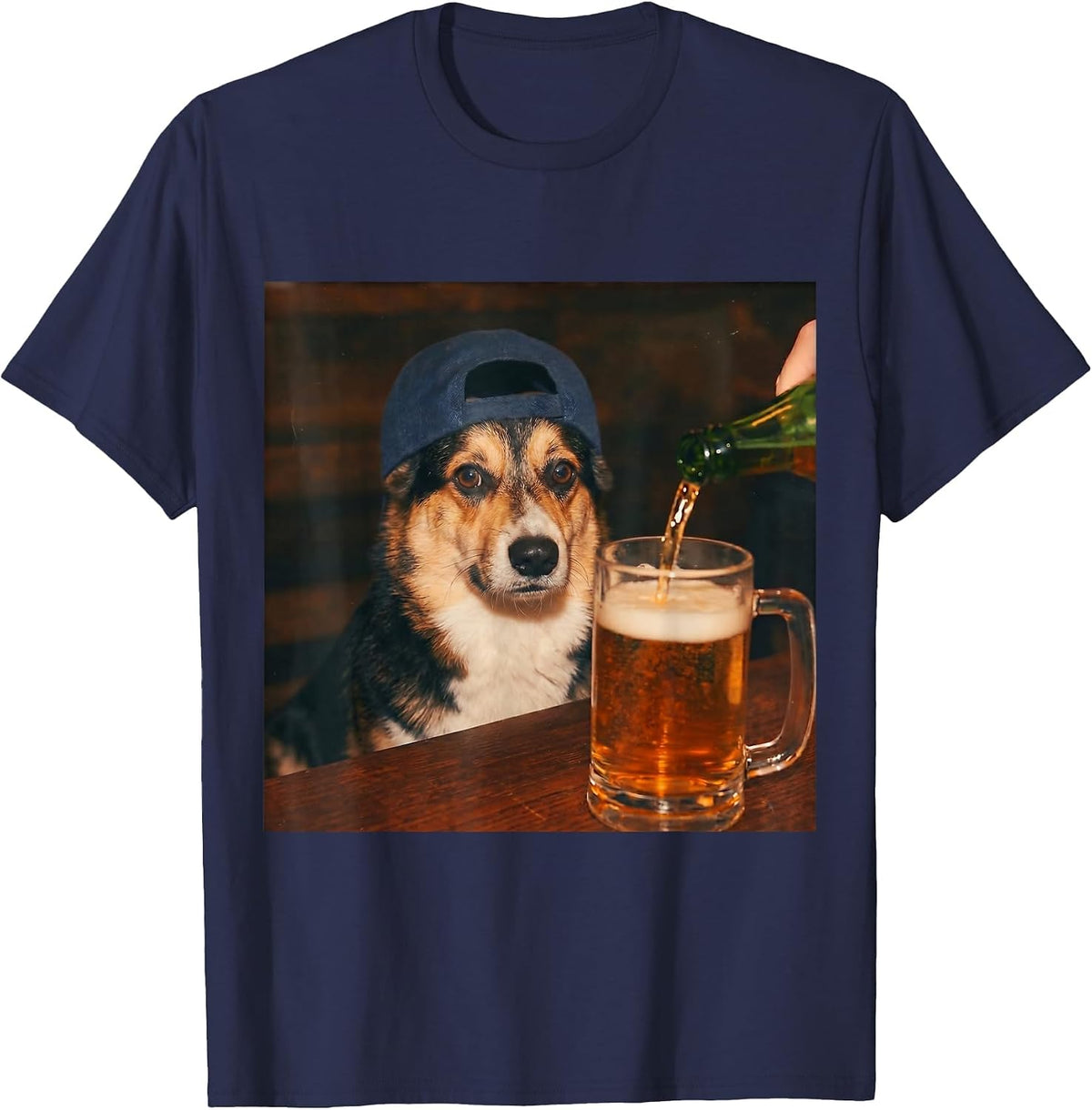 Corgi Drinking Beer Shirt Funny Fathers Day Dog Meme T-Shirt - Navy Blue