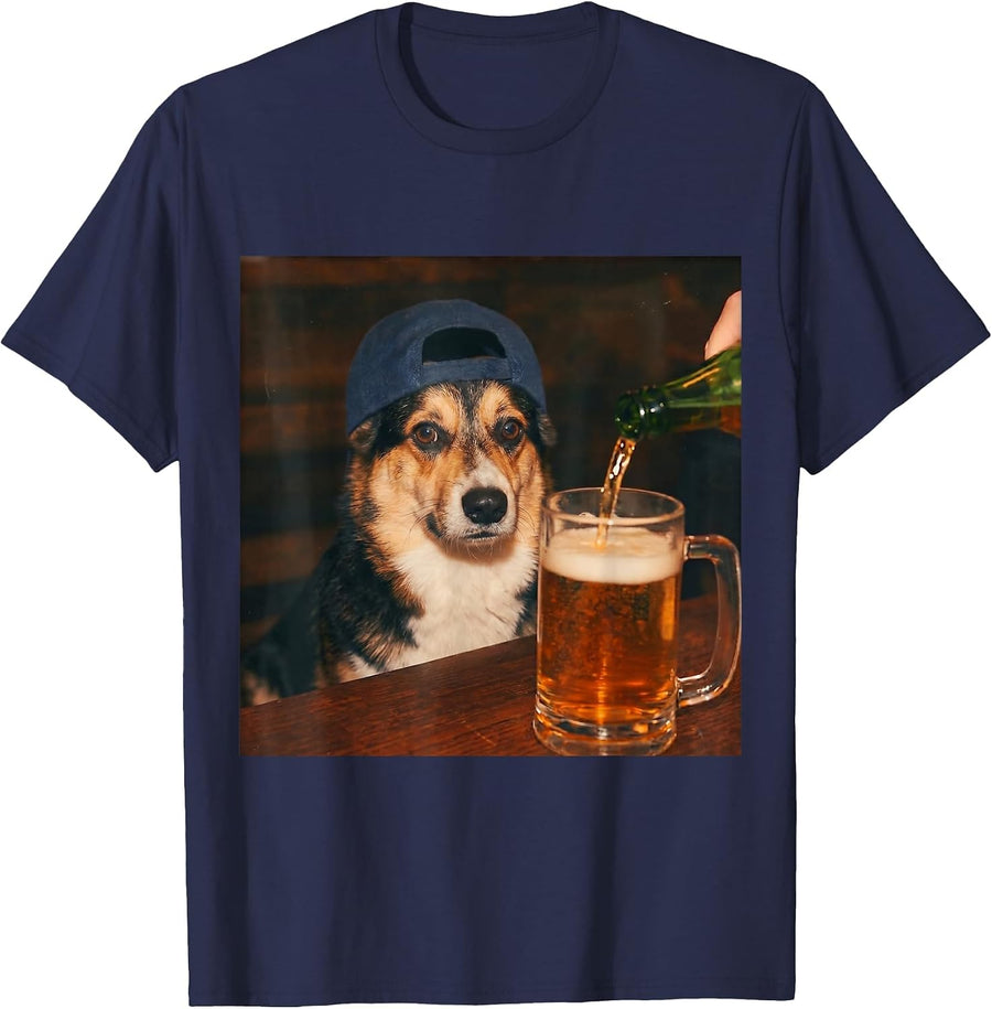 Corgi Drinking Beer Shirt Funny Fathers Day Dog Meme T-Shirt - Navy Blue