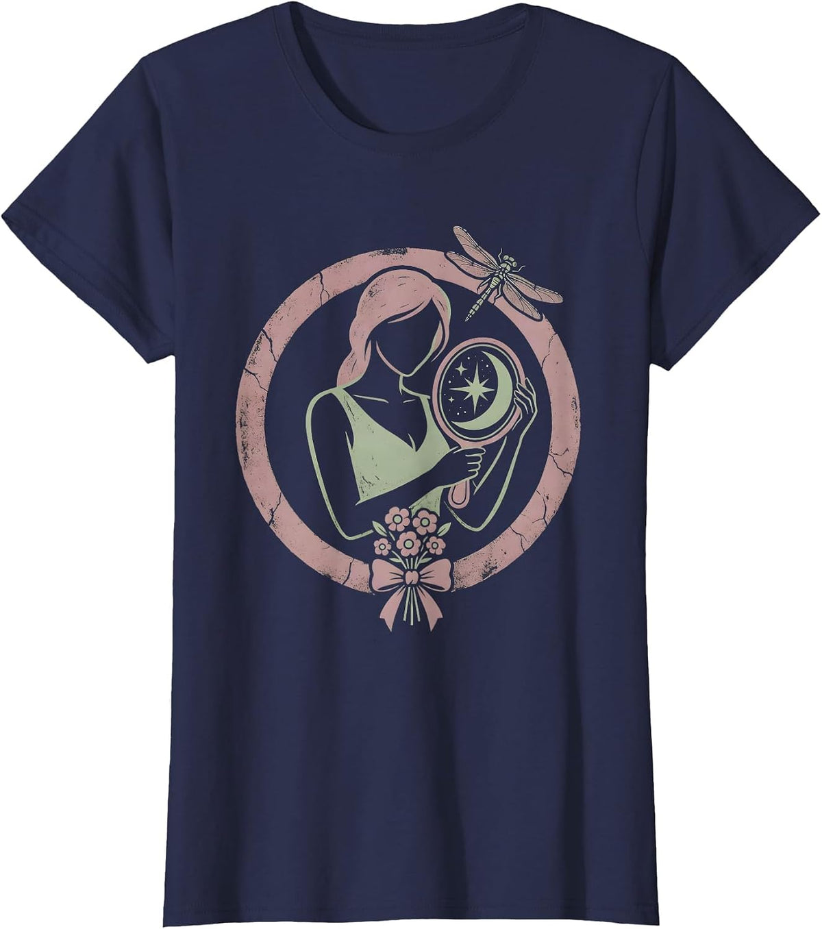 Women's Cosmic Reflection Galaxy Mirror Art Design T-Shirt - Navy Blue