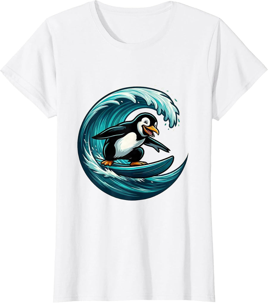 Women's Penguin Surfing a Giant Ocean Wave T-Shirt - White