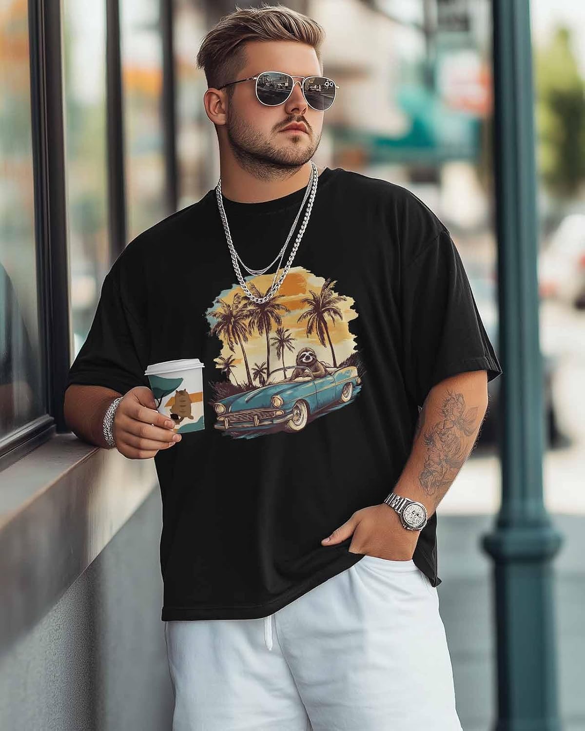 Men's T-Shirt Sloths with A Convertible Graphic Tees Cotton Crew Neck Men's Short Sleeve Basic Tshirts M - size chart