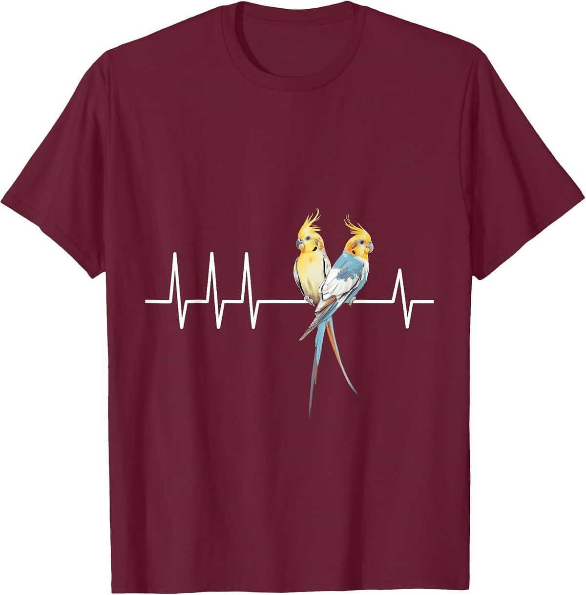 Cockatiel Birds on Heartbeat Line Vibrant Parrot Art Print T-Shirt - Burgundy