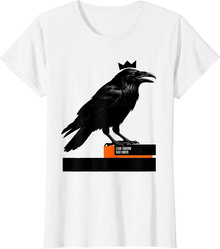 Women's Caw-Sworn Bad Omen Gothic Crow Raven Bird Pun Humor T-Shirt - White