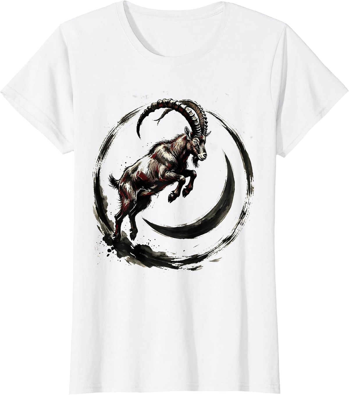 Goat Leaping Over Crescent Moon Illustration T-Shirt - White