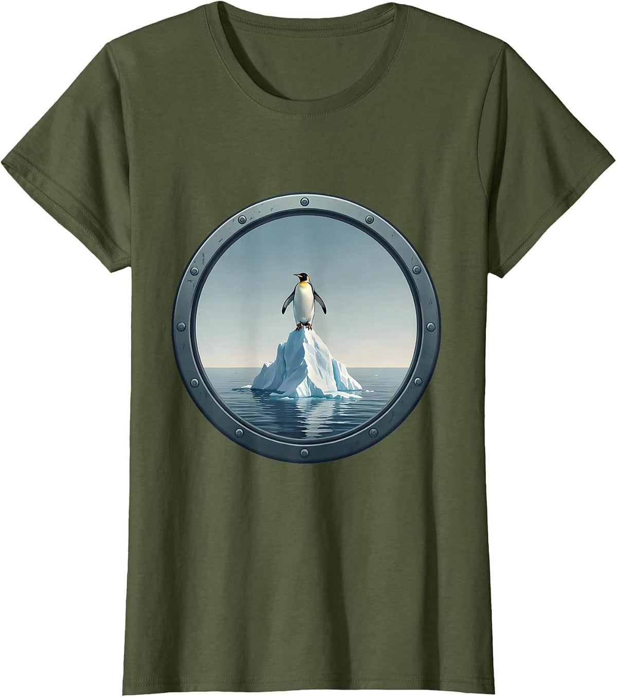 Women's Penguin on Melting Iceberg Climate Art T-Shirt - Olive Green