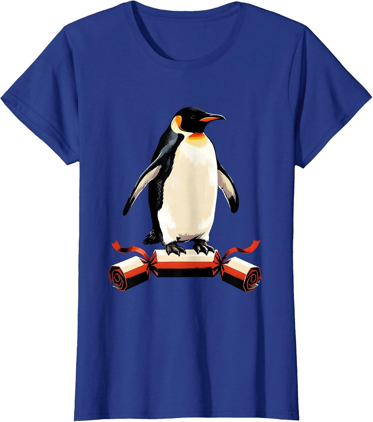 Women's Penguin Bursting From Cracker Funny Christmas Humor T-Shirt - Royal Blue