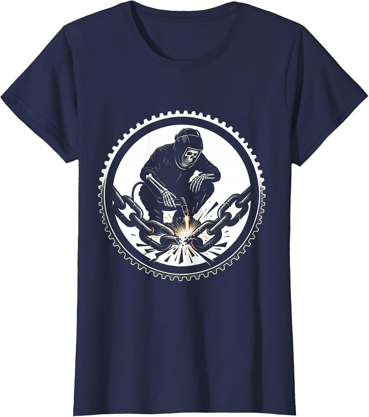 Women's Skeleton Welder Broken Chain Graphic Design T-Shirt - Navy Blue
