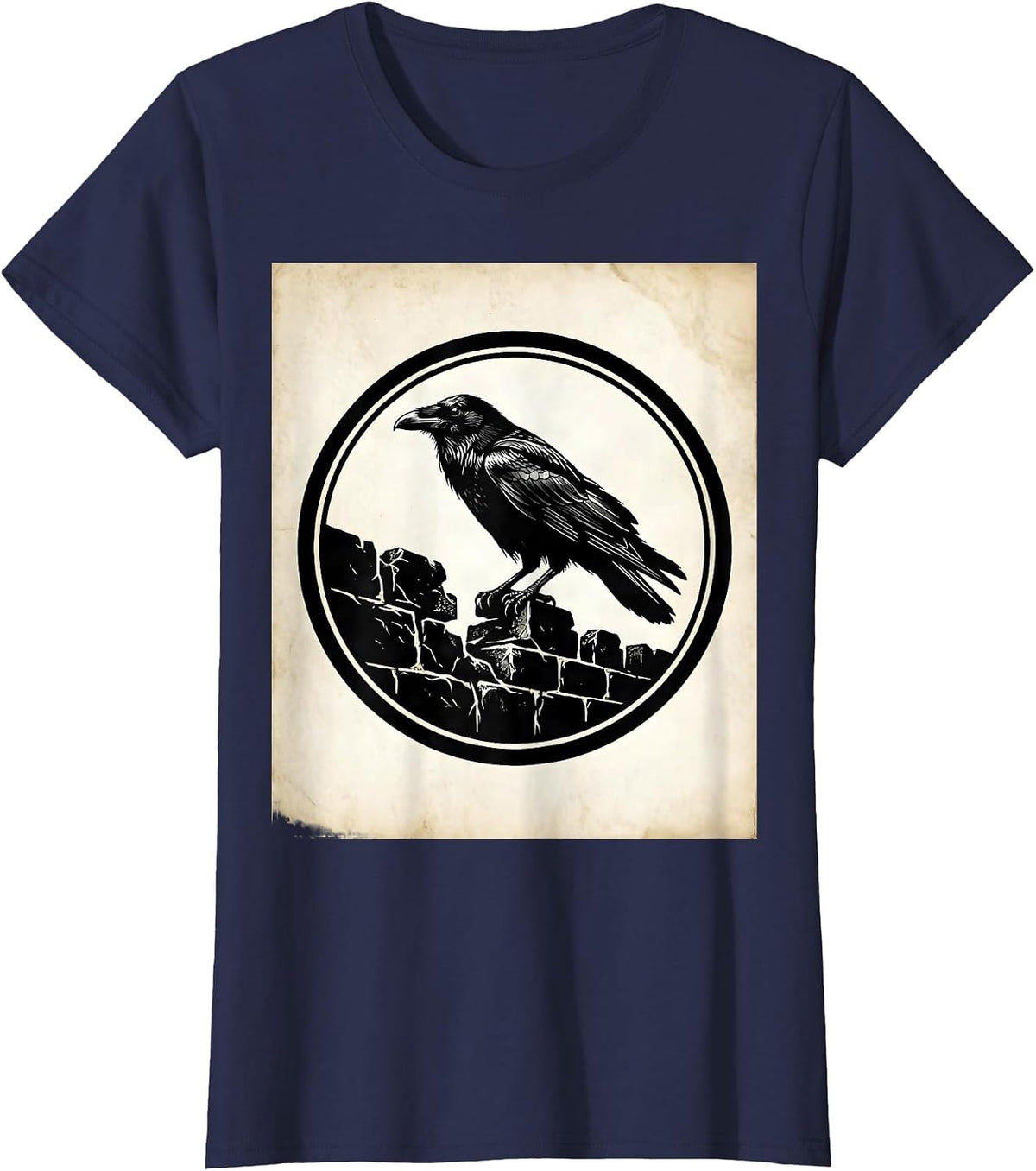 Women's Crow Perched on Crumbling Stone Wall T-Shirt - Navy Blue