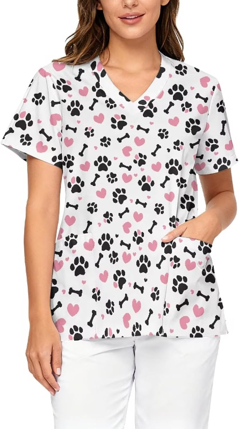 Scrub Tops for Women V Neck Nurse Workwear Uniforms 2 Pockets - Footprints Hearts Print