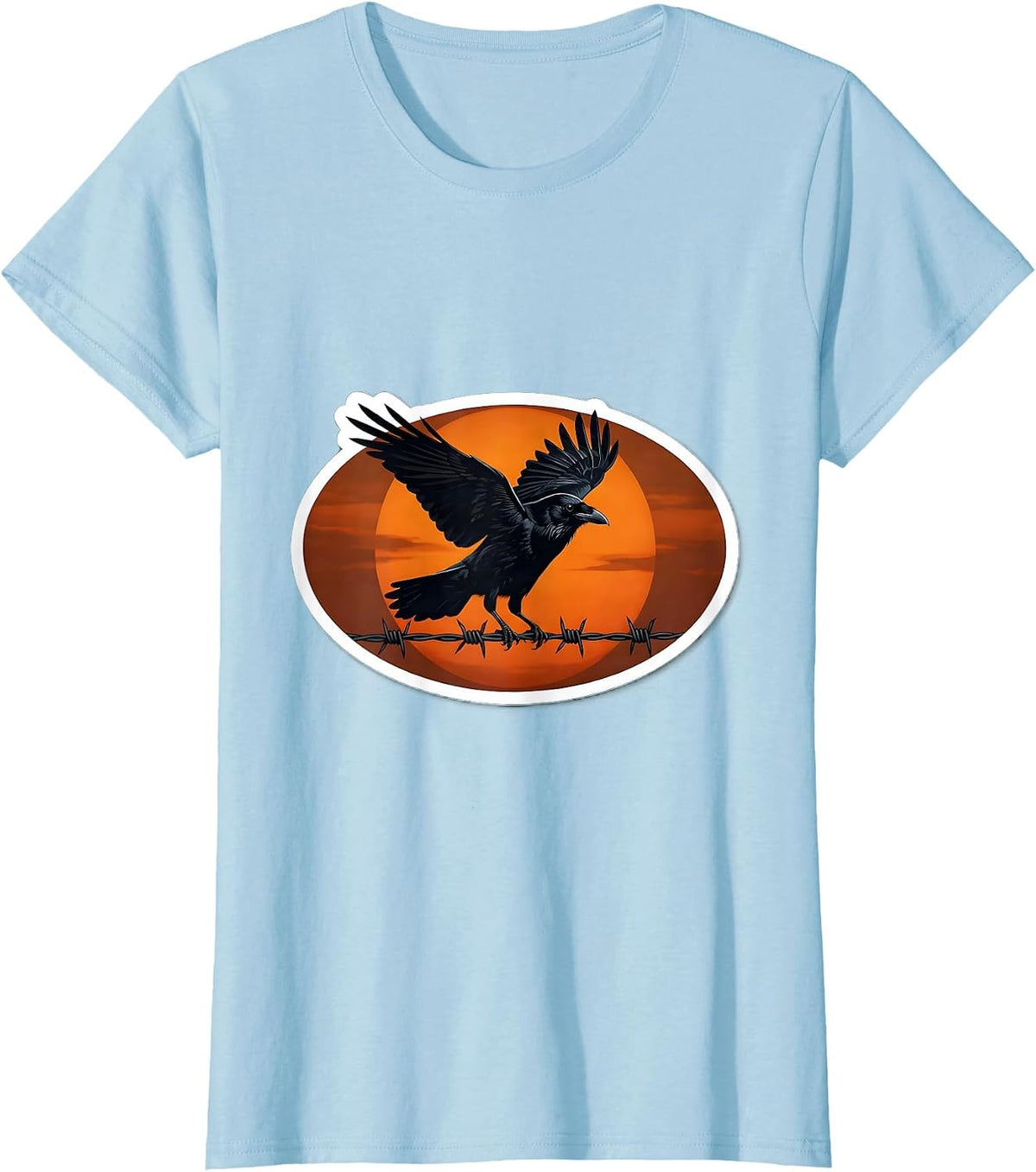 Women's Lone Crow on Barbed Wire Dusk Silhouette T-Shirt - Baby Blue
