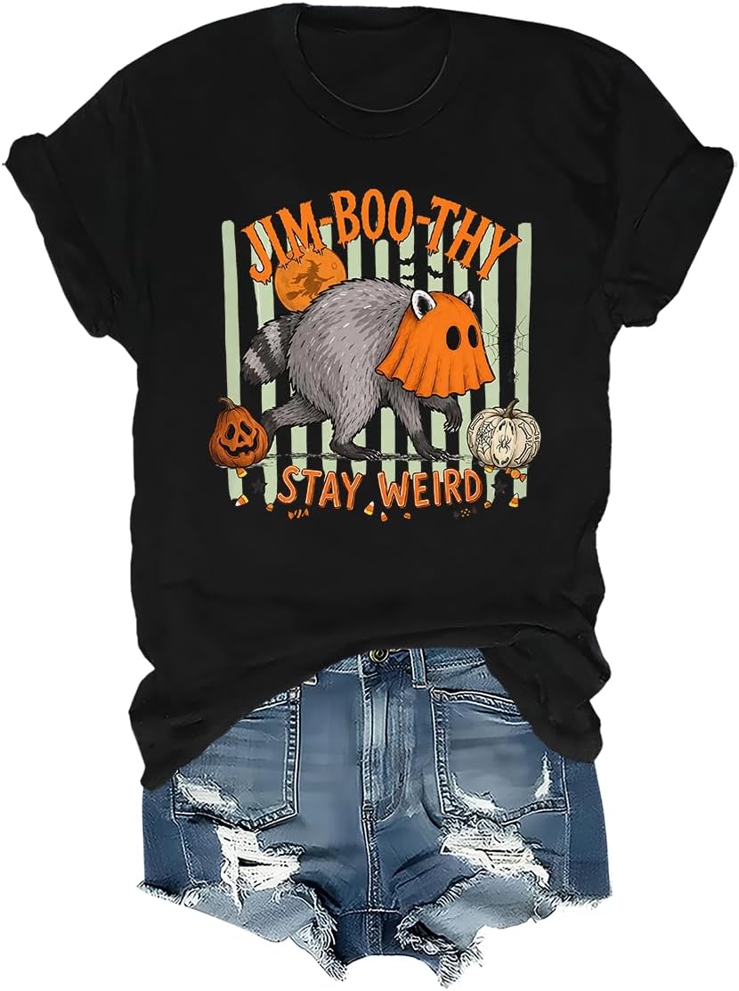 Jim-Boo-Thy Shirt, Jimothy Raccoon Halloween Viral Trash Panda Tee - Crew Neck Black-1
