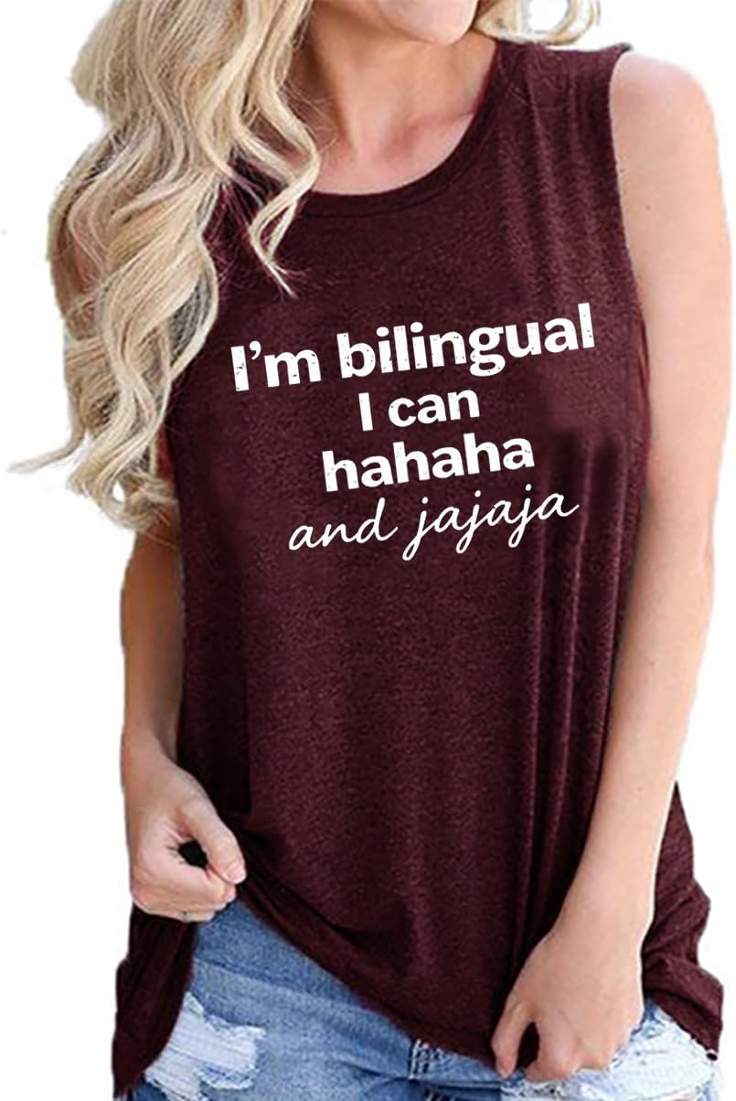 TSIIUO I'm Bilingual I Can Hahaha and Jajaja Tank Top for Women Sleeveless Shirts Summer Vest Spanish English Tee Tops - Red