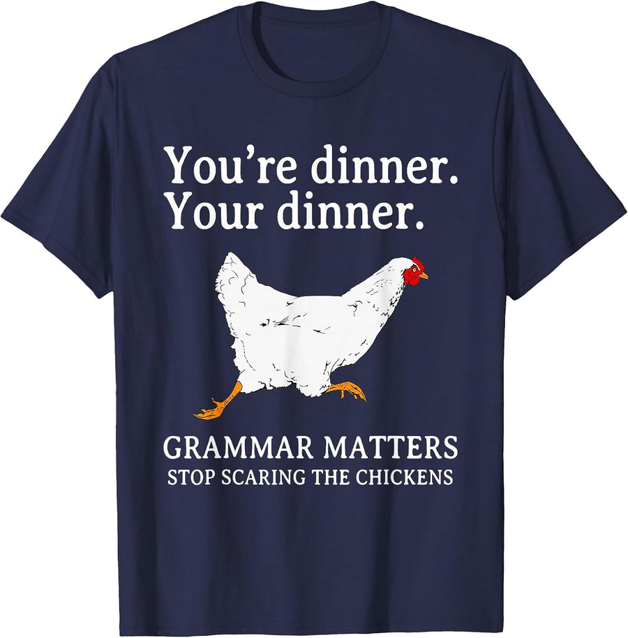 Stop Scaring The Chickens English Grammar Funny Teacher T-Shirt - Navy Blue