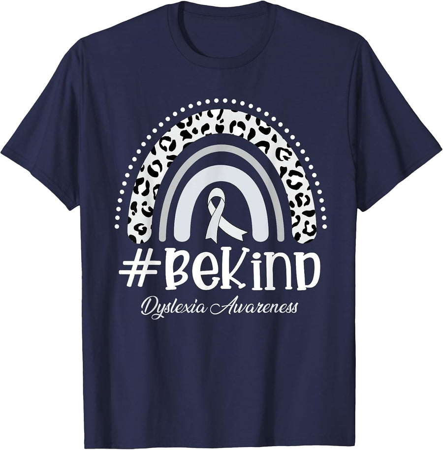 Leopard Rainbow Be Kind Gray Ribbon Dyslexia Awareness T-Shirt - Navy Blue