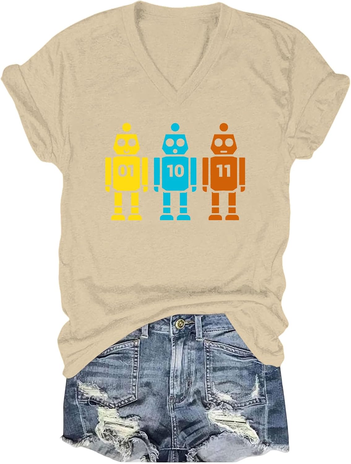 Binary Code Robot T-Shirt, 01 10 11 Coding Shirt Funny Programmer Geek Gift Tee for Men Women - V-Neck Khaki-v