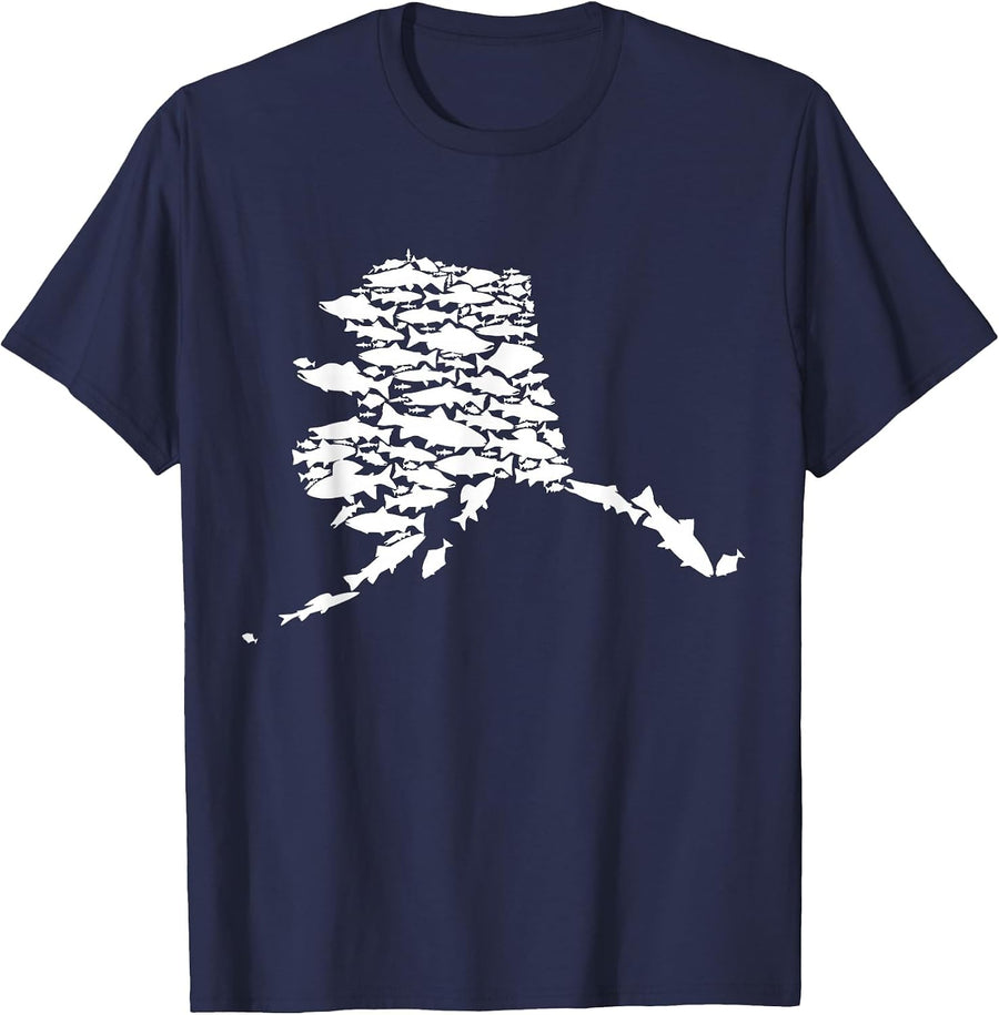 Alaskan Fish Alaska State Made of Wild Salmon Halibut Trout T-Shirt - Navy Blue