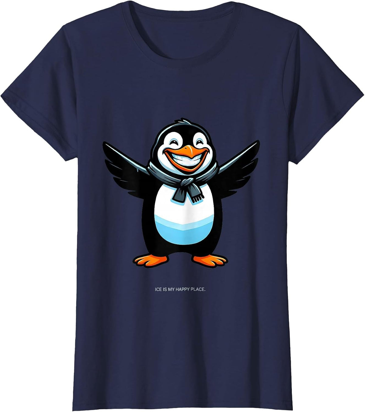 Women's Ice Is My Happy Place Penguin Design T-Shirt - Navy Blue
