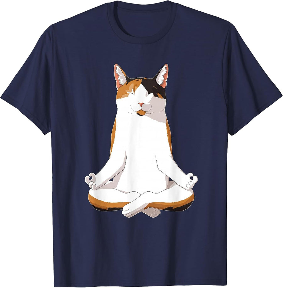 Funny Calico Cat Yoga Calico Cat T-Shirt - Navy Blue