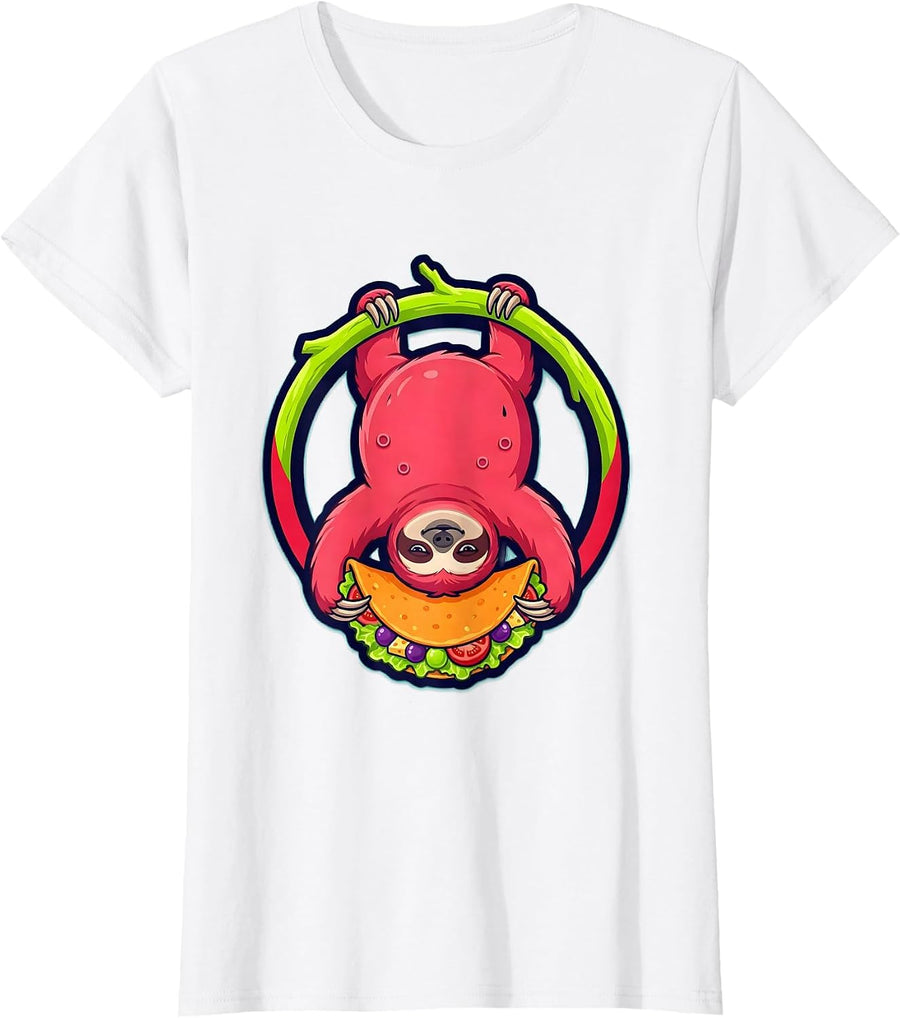 Women's Funny Upside Down Sloth Eating a Taco Graphic T-Shirt - White