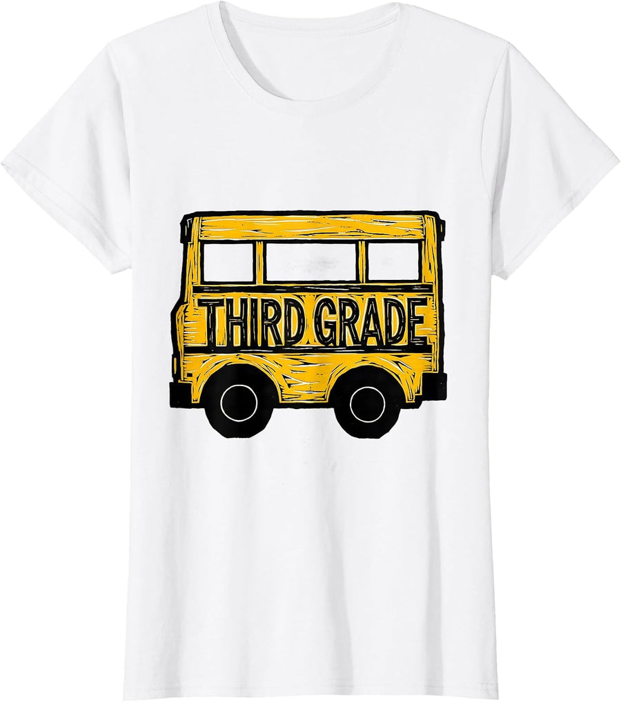 Women's Third Grade Linocut School Bus Teacher Student First Day T-Shirt - White