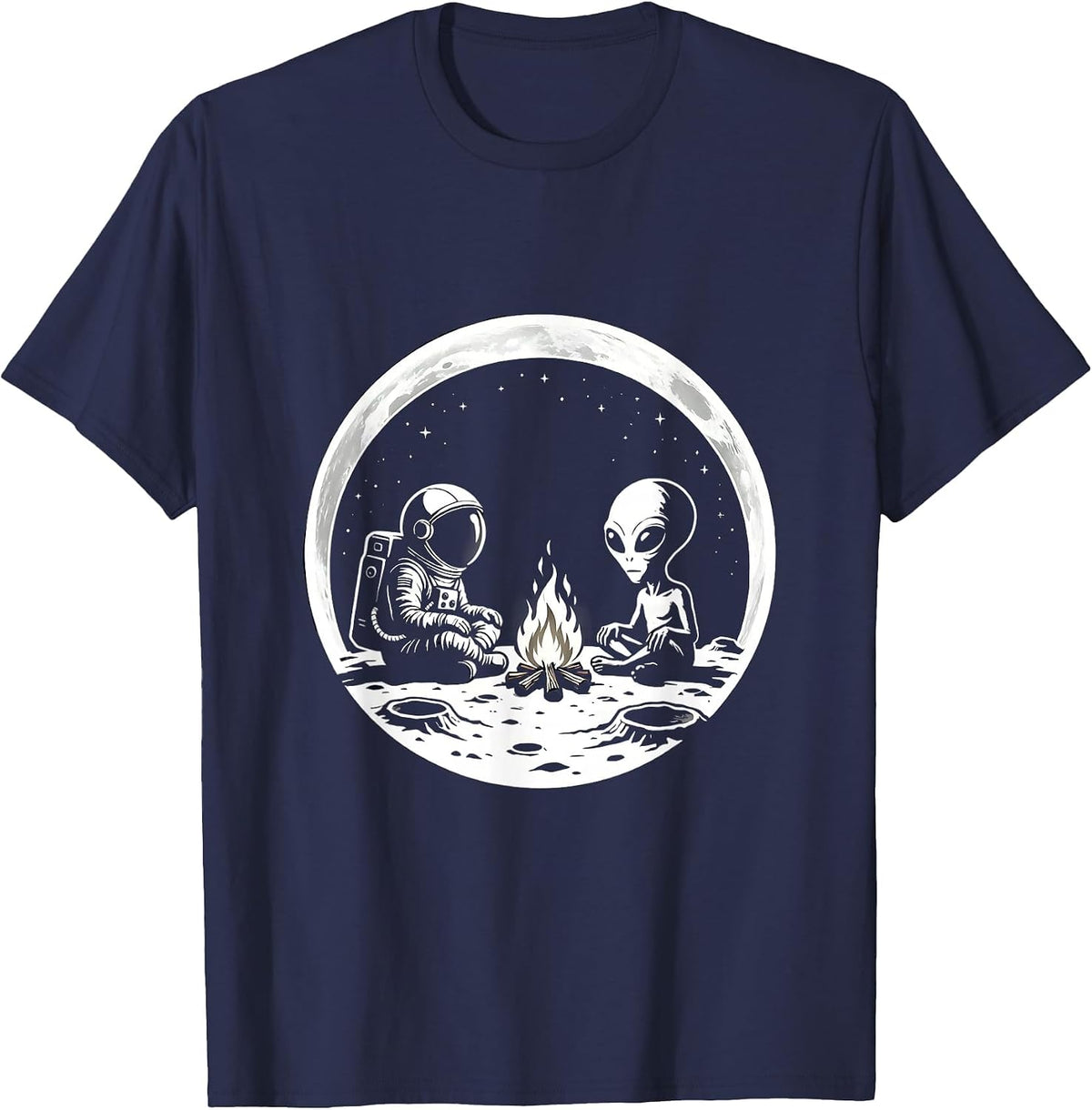 Men's Astronaut and Alien Campfire on the Moon T-Shirt - Navy Blue