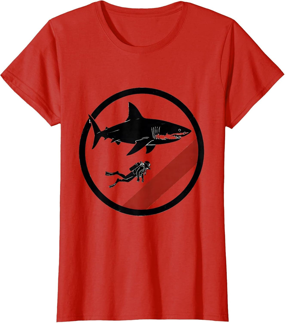 Shark Diver Shield Scuba Flag Stencil Graphic T-Shirt - Red
