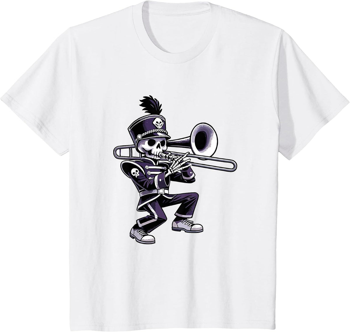 Halloween Skeleton School Marching Band Trombone Player T-Shirt - White