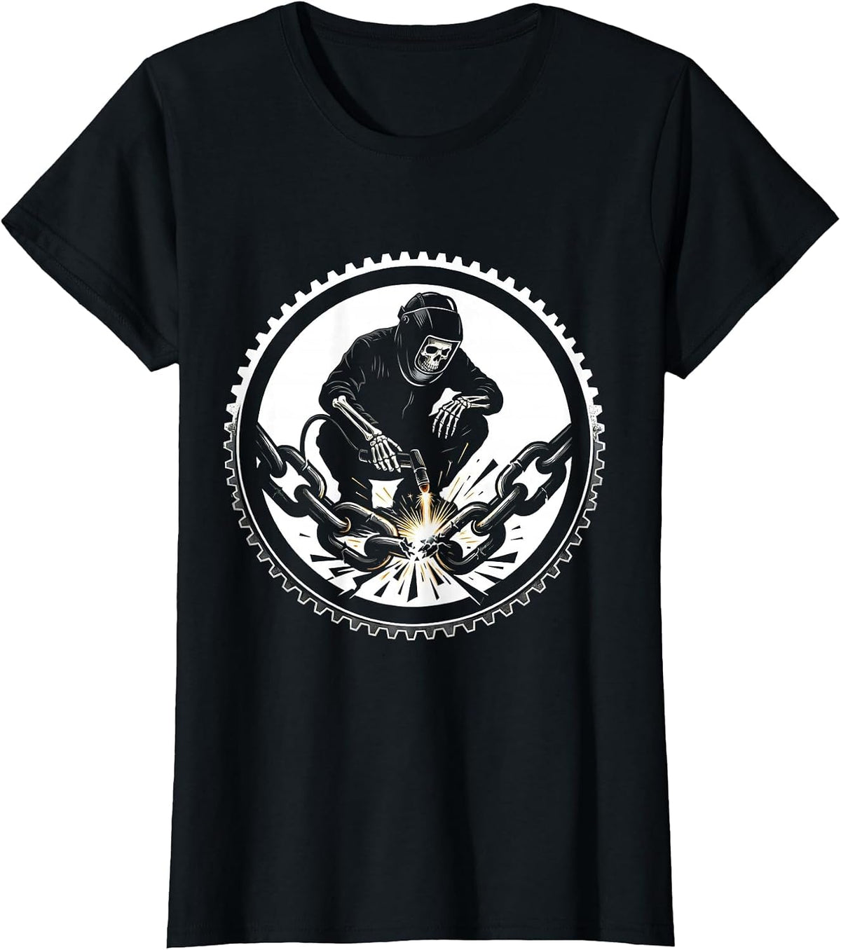Women's Skeleton Welder Broken Chain Graphic Design T-Shirt - Black