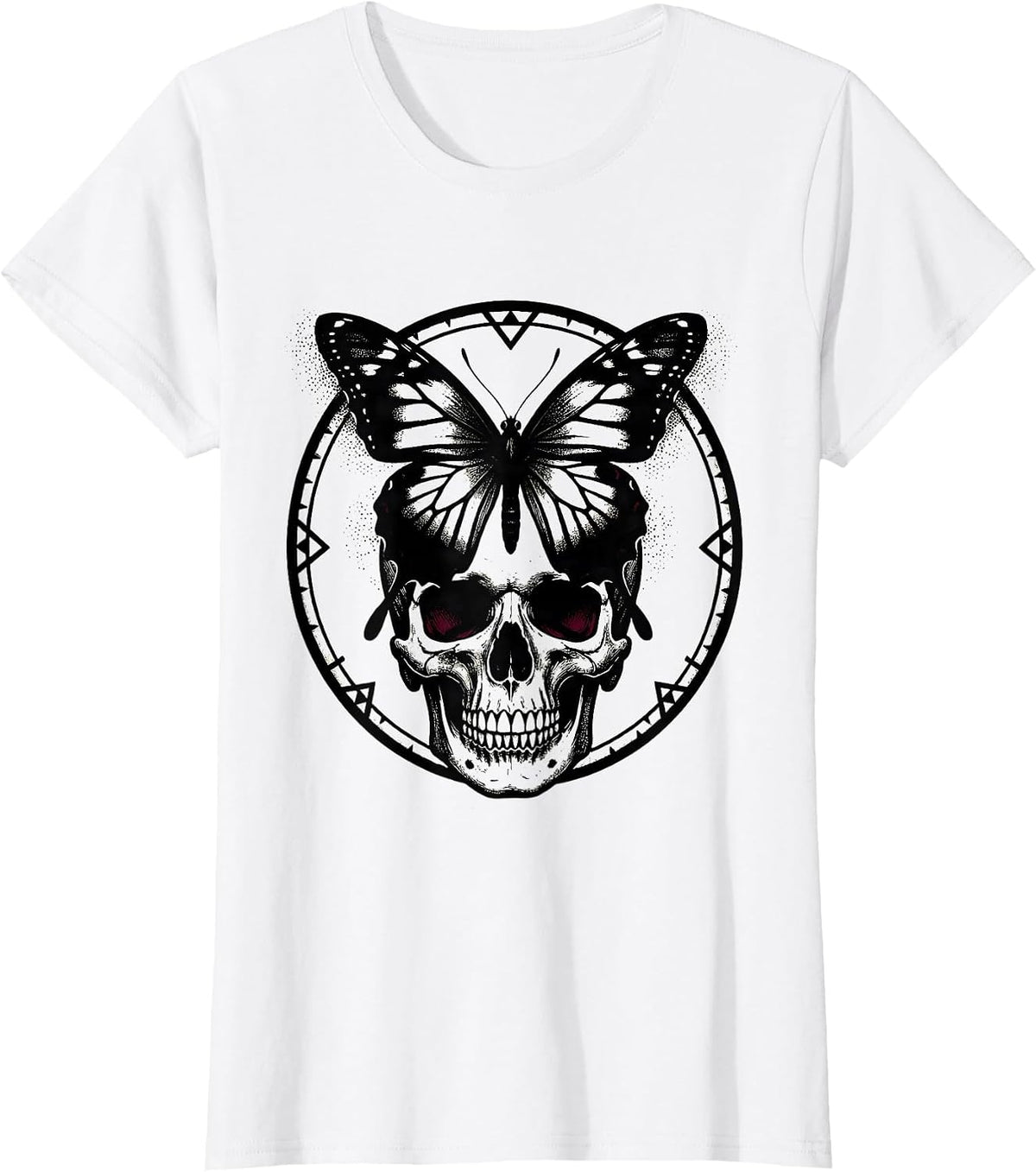Emo Black Butterfly on Skull Graphic Design T-Shirt - White