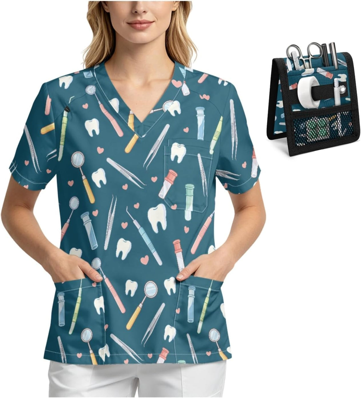 Breathable V-Neck Scrub Top with Nurse Pocket Organizer for Women - Dental Theme