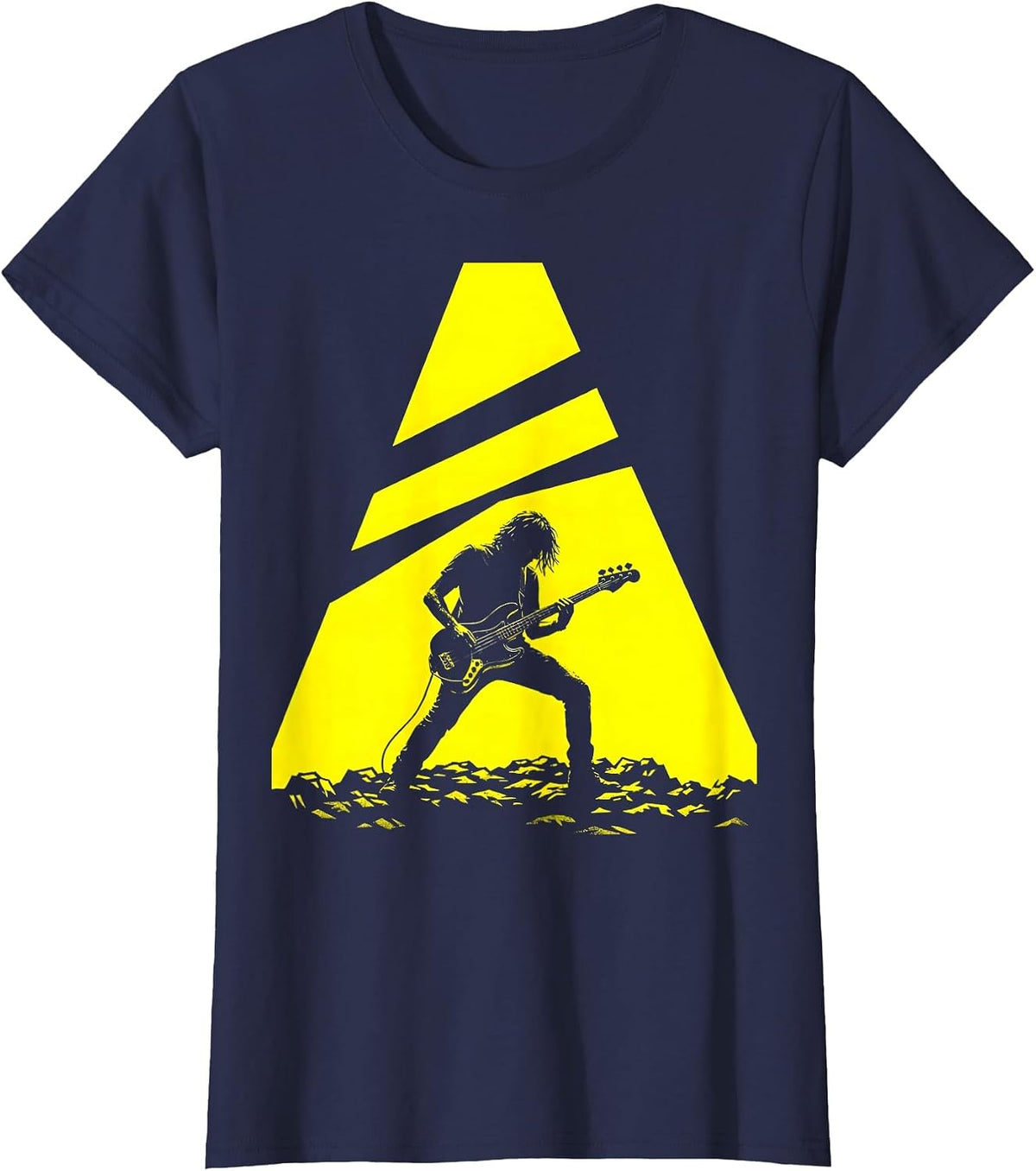 Women's 90s Bassist Spotlight Silhouette Rock Music Design T-Shirt - Navy Blue