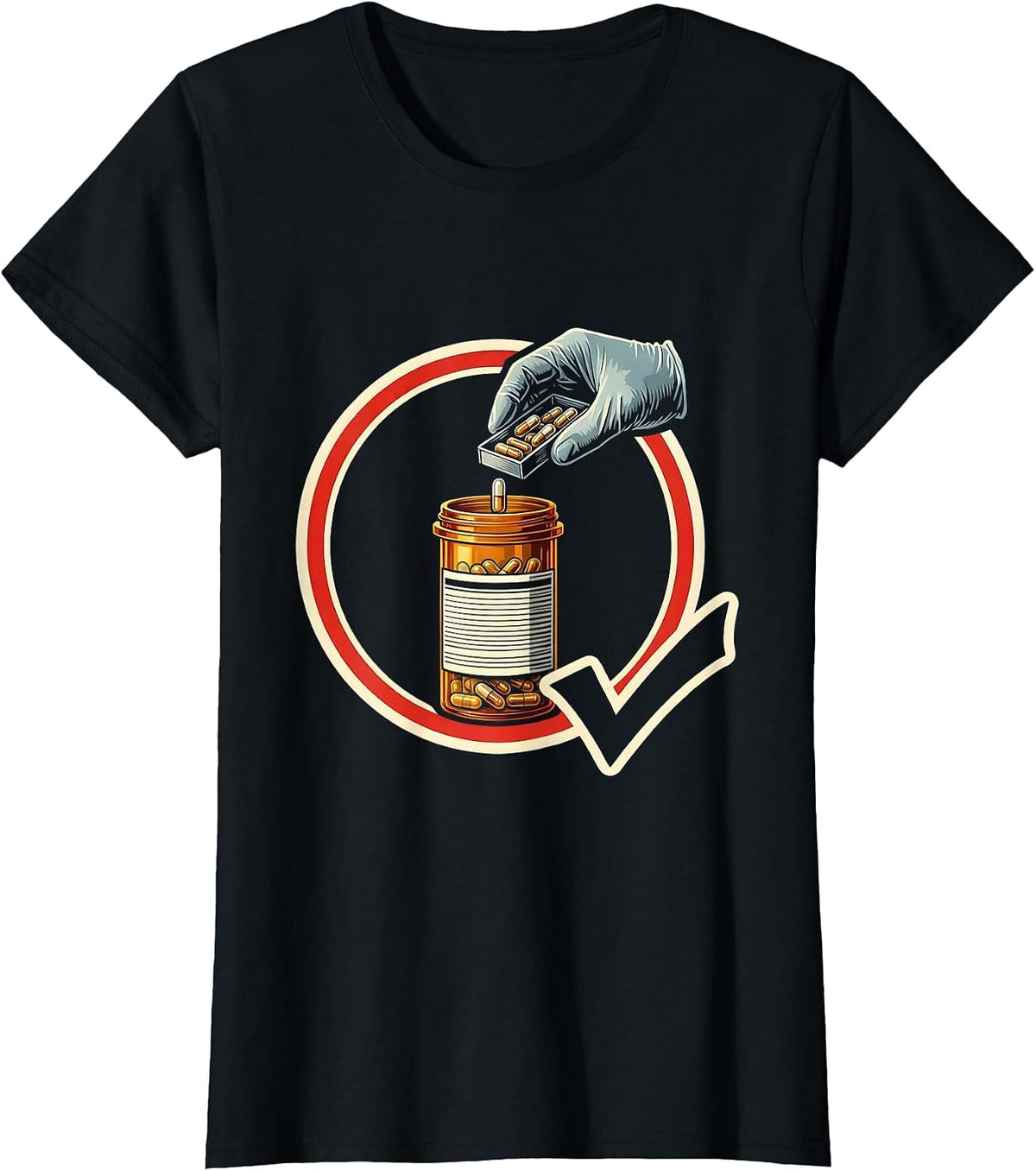 Women's Pharmacy Tech Badge Occupational Humor Crew T-Shirt - Black